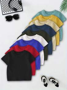 SHEIN 9件/套年轻男孩圆领短袖基本款T恤，1件黑色，1件红色，1件蓝色，1件白色，1件军绿色，1件藏青色，1件卡其色，1件黄色，1件湖蓝色 - 彩色 - 查看 1