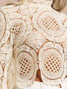 Glamine Soluble Flower Print See-Through Collar Long Sleeve Pullover Shirt,Date Night Sexy Knit Tops,Embroidered Hollowed-Out Tops,Vacation For Woman,White Embroidered Pullovers Fall For Women - Apricot - View 6