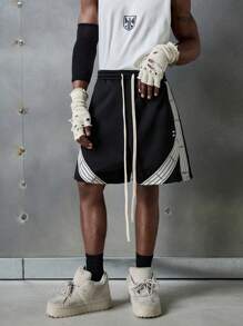 NEON BLANC Men's Street Fashion Embroidered Letter Tape Knit Shorts, Streetwear - Black - View 2