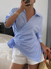 Livesso 女士修身长袖条纹斜领系带优雅休闲夏季度假衬衫 - 藍色 - 查看 6