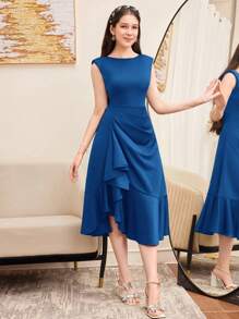 SHEIN 少女纯色无袖荷叶边蕾丝边修身连衣裙长款晚礼服，优雅，适合派对、约会、重要家庭聚会 - 藍色 - 查看 6