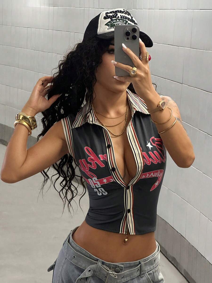 SHEIN HypeZone Áo thun in chữ màu tương phản họa tiết đường phố giản dị dành cho nữ - Xám - Xem 1