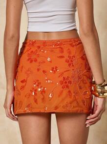 SHEIN BAE 女士纯色橙色亮片刺绣串珠裙，适合派对、度假、宴会、婚礼、夜晚外出、浪漫约会 - 橘色 - 查看 2