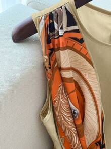 Franclia Summer Casual Vintage Style Sleeveless Round Neck Cinched Waist Dress, Elegant Prints Design - Khaki - View 5