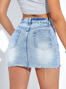 SHEIN EZwear 破洞毛邊緣牛仔半身裙