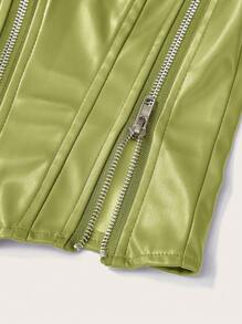 SHEIN Unity Solid Color Zippered Fitted PU Leather Cropped Tank Top, Summer - Mustard Yellow - View 4