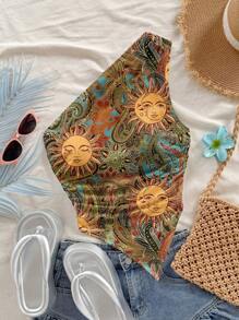 Soleia 夏季度假风格绿色复古金色太阳佩斯利图案女式斜肩不对称下摆短款上衣 - 彩色 - 查看 3