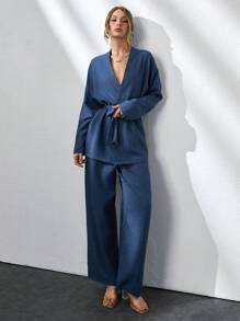 CLARA VERO Two Pieces With Belt Details, Cozy Sets, Easy To Wear At Home And Outdoor - Navy Blue - View 6