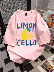 Manfinity Hypemode 男士字母和柠檬印花修身圆领 T 恤，夏季 - 粉色 - 查看 1
