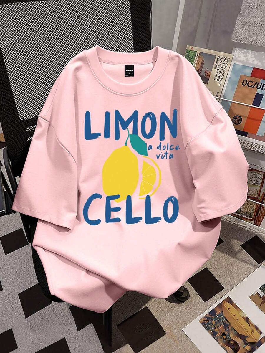 Manfinity Hypemode 男士字母和柠檬印花修身圆领 T 恤，夏季 - 粉色 - 查看 1