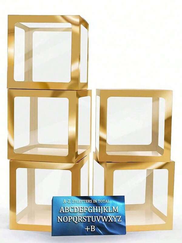 SHEIN 5 Pcs Transparent Balloon Avors In GiftBoxes With 27 Letters,Clear Block Boxes Backdrop ,For Birthday Gender Reveal Grad Party Decoration Balloon Box-Reusable Fbox