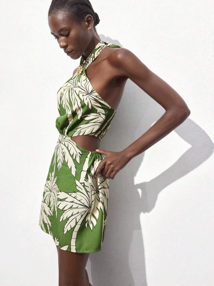 SHEIN Maija 2025 Summer New Tropical Rainforest Coconut Tree Print Criss-Cross Halter Thin Strap Metal Decor Hollow Waist Cut-Out Grass Green Dress, Suitable For Beach Holiday, Urban Commute, Elegant, Modern, Romantic, Casual Party, Beach, Vacation, Music Festival, Brunch, Office, Graduation Season, St. John Festival,Bohemian Clothes Vacation Dress