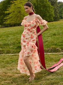 Enchnt Váy in họa tiết bèo nhún viền dây mảnh cho nữ, thanh lịch và thời trang cho mùa hè - Hồng - Xem 3