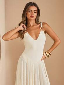 SHEIN BAE Vestido sin mangas en beige con falda de malla acampanada y fluida, vestido largo de tul transparente, vestido largo para vacaciones en la playa, vestido elegante para primavera/verano - Albaricoque - Ver 7