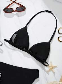 SHEIN Teen Girls 2-Piece Swimsuit With Triangle Top & Bottoms, Buy 1 Get 4 In 2 Colors, Vacation/Beach, Basic Black & Leopard Print Bikini