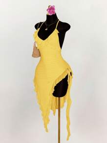 Amplova 纯色挂脖不对称荷叶边下摆紧身连衣裙 - 黃色 - 查看 6