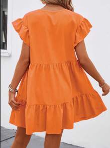 Breezaya Đầm babydoll rộng rãi cổ tròn màu trơn mùa hè cho nữ có viền bèo nhún trang phục đi biển - trái cam - Xem 2