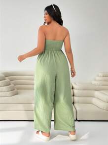 SHEIN EZwear 绿色大码女式休闲褶皱阔腿连体裤 - 綠色 - 查看 2