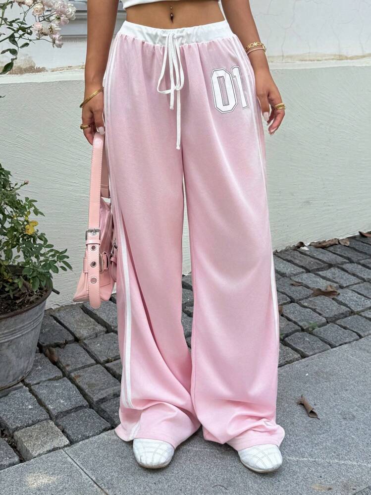 SHEIN EZwear 低腰撞色字母印花抽绳休闲裤 - 粉色 - 查看 1