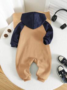 SHEIN Newborn Baby Boy/Girl Cute Color Block Hooded Jumpsuit For Autumn/Winter - Multicolor - View 2