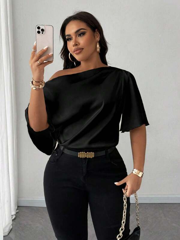 Maweii Plus Size Women's Sexy Ruffled One Shoulder Short Sleeve Elegant Daily Commute Shirt, Summer
