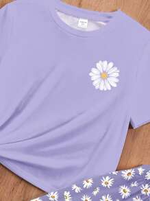 SHEIN Leap Crew 波西米亚风格雏菊花卉印花，青少年女孩休闲简约圆领短袖 T 恤和宽松长裤家居服套装，适合夏季 - 彩色 - 查看 4