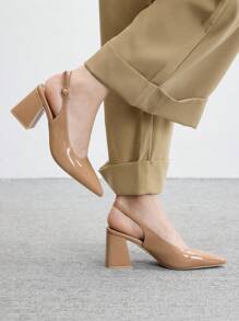 CUCCOO BIZCHIC 女士时尚杏色露背尖头粗跟高跟鞋，经典简约通勤、约会、派对、节日、婚礼 - 卡其色 - 查看 3