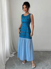 Elenzga Elegant French Style Floral Print Vest Patchwork Chiffon Dress For Women, Spring 2025 New Arrival - Blue - View 3