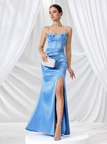 Coutiva 女士正式晚礼服（大量装饰）女士连衣裙生日女士生日装女士休闲连衣裙女士正式，女士时尚优雅婚礼派对舞会礼服，修腰修身面料，舒适柔软，女士返校夏季连衣裙，蝴蝶结珠子和钻石装饰，女士蓝色连衣裙，派对礼服，适合婚礼宾客 - 藍色 - 查看 2