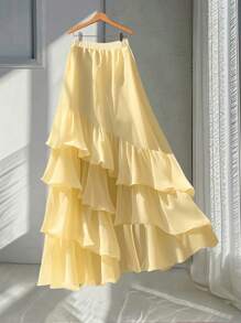 Celisse 女士时尚优雅多层荷叶边下摆 A 字裙，带有分层细节，春夏 - 黃色 - 查看 2