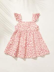 Cozy Pixies Vestido sin mangas con cuello en V con volantes y cintura ceñida de estampado de leopardo para bebé niña
