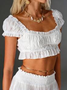 TRNVIE 女士白色休闲假日衬衫，深 V 领，刺绣，泡泡袖，收腰，适合海滩，夏季 - 白色 - 查看 5