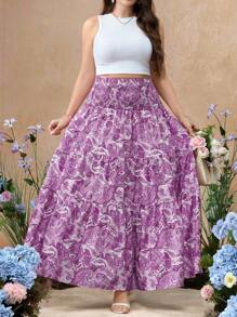 Flirla 大码女式腰果印花波西米亚风格长裙 - 紫色 - 查看 3