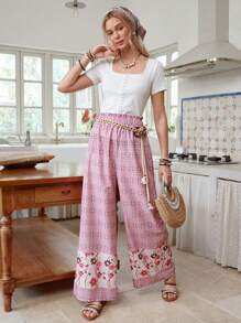 LanaWest Quần ống rộng in họa tiết chất lượng cao phong cách cổ điển thường ngày dành cho nữ - Hồng - Xem 3