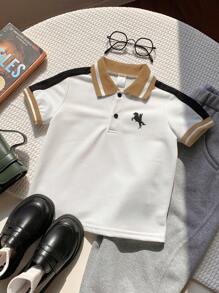 SHEIN Baby Boy Summer Casual Cute College Style Colorblock Short Sleeve Polo Shirt, Suitable For Birthday Party, Evening Party, Performance, Wedding, Baby Shower, One Month And One Year Celebration Baby Boy Polo Clothes - Multicolor - View 5