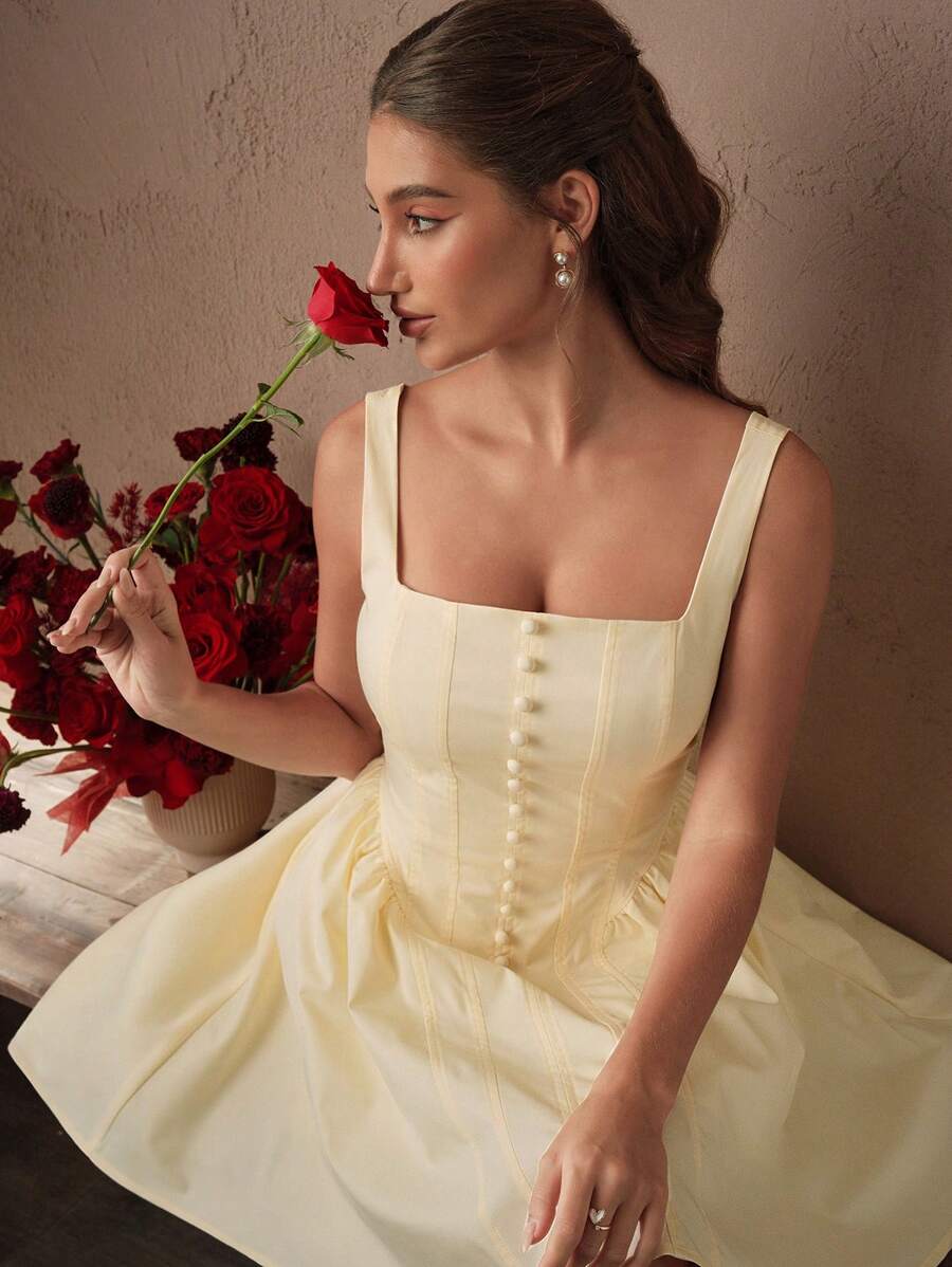 Savoree 女士新款无袖喇叭下摆优雅夏季度假连衣裙 - 杏色 - 查看 1