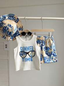 SHEIN Bộ 2 món trẻ em trai thường ngày cây dừa, kính râm in logo áo ba lỗ không tay và quần short in hình cây nhiệt đới toàn thân có mũ, thích hợp mặc hàng ngày, đi nghỉ, thể thao, ngoài trời, mùa hè - Xanh và trắng - Xem 7