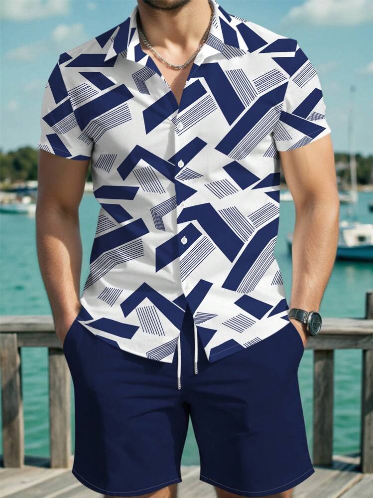 Manfinity RSRT Conjunto de 2 piezas de camisa de manga corta y pantalones cortos a rayas para hombres de talla grande en verano - Multicolor - Añade 6