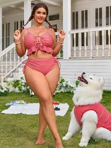 Swim Mod Plus Size 2pcs Swimsuit, V-Neck Ruffled Adjustable Strap Cropped Camisole Top And High Waist Tie Front Bottoms, & Chic Beach Vacation Outfit For Women For Summer - Multicolor - View 3