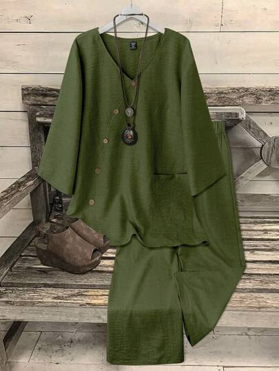 Omancia 2 件套女士 V 领椰子纽扣装饰 3/4 袖衬衫 + 直腿纯色休闲/办公裤