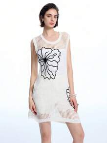 LYSMO Ladies Sleeveless Sweater Dress With Floral Embroidered Hollow-Out Design - White - View 1