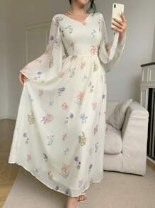 Feyla 女式优雅花卉印花喇叭袖连衣裙 - 白色 - 查看 4