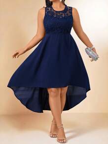 Cravure Plus Size Women Sleeveless Contrast Lace High-Low Hem Elegant Wedding Dress