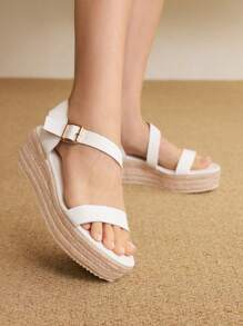 Styleloop Canvas Wedge Heel Sandals, Casual Vacation Style - White - View 2
