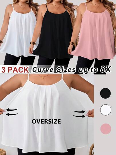 SHEIN CURVE+ [6pcs/Pack] Plus Size Women Loose Fit Camisole Tops, Black, White, Pink, Casual And Elegant For Daily Wear & Vacation, Summersummer/Country/Beach Vacation Outfits/Beach Outfits/Beach Wear