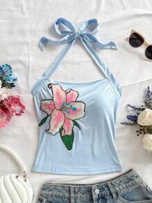 Soleia 全新度假休闲优雅音乐节可爱花朵亮片刺绣挂脖系带背心，淡蓝色上衣 - 藍色 - 查看 4