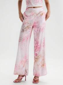 Glamine Quần ống rộng in họa tiết satin thanh lịch dành cho nữ, không co giãn - Hồng - Xem 4