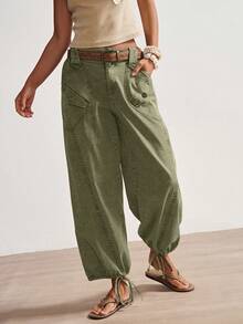 Bohemela 女式低腰带口袋慢跑裤，休闲百搭裤 - 綠色 - 查看 4