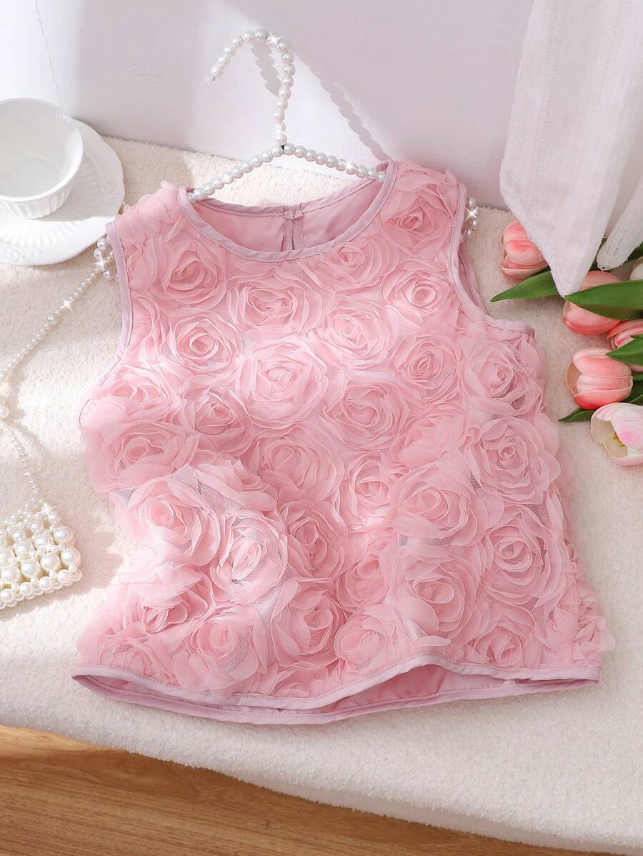 Tween Girls' 3D Floral Pattern Sleeveless Tank Top, Fashionable Summer Wear - Pink - View 1