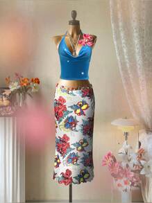 Flirla 加大码 2 件套春夏圆领吊带背心和花卉印花网眼高低裙，适合度假、海滩、日常穿着 - 彩色 - 查看 1